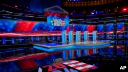 The stage was set the night before for the Nov. 8, 2023, Republican presidential candidates debate in Miami. Five hopefuls will participate at the Adrienne Arsht Center for the Performing Arts of Miami-Dade County, Fla.