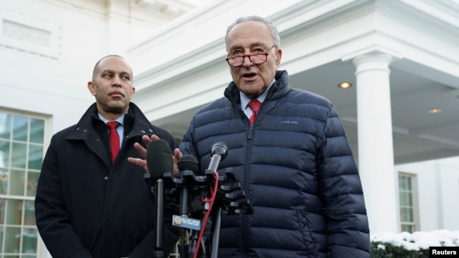 FILE - Senate Majority Leader Chuck Schumer and House of Representatives Democratic leader Hakeem Jeffries are pictured outside the White House, Jan. 17, 2024. They met separately with President Joe Biden this week to discuss his '24 election prospects.