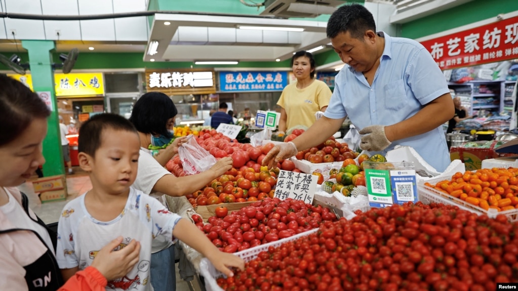 北京一家早市的顾客在挑捡西红柿。（2023年8月9日）(photo:VOA)