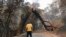 FILE - A man glances up at a tree that is blocking his way while attempting to go home after a fire ravaged the area on Mix Canyon Road in Vacaville, Calif., Aug. 20, 2020. 