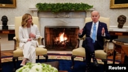 U.S. President Joe Biden speaks during a meeting with Italy's Prime Minister Giorgia Meloni in the Oval Office at the White House in Washington, March 1, 2024. 