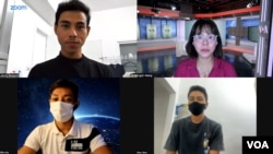 Myanmar residents in Tel Aviv during a Zoom interview. Clockwise from left, Jacob Benjamin, Ingyin Naing of VOA, Khun Aung and Win Ko. 