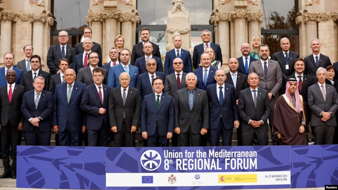 The European Union's foreign policy chief Josep Borrell (first row, 5th from right) and other officials pose for a group photo during the Union for the Mediterranean forum in Barcelona, Spain, Nov. 27, 2023.