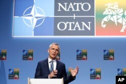 NATO Secretary-General Jens Stoltenberg speaks during a media conference ahead of a NATO summit in Vilnius, Lithuania, July 10, 2023.