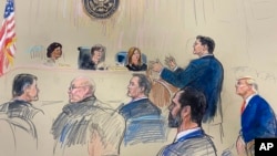 This artist sketch depicts former President Donald Trump, seated right, listening as his attorney D. John Sauer, standing, speaks before the D.C. Circuit Court of Appeals at the federal courthouse, Jan. 9, 2024 in Washington.