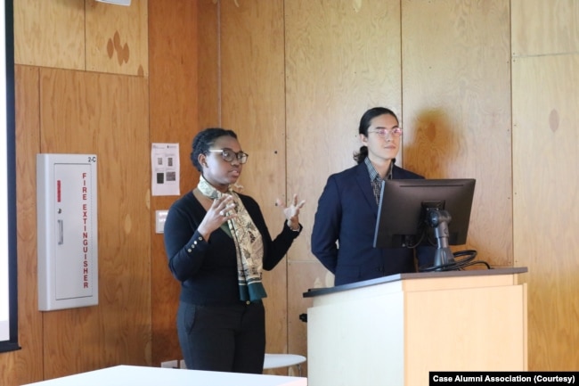 Natasha Rouse and Diego Zubieta make their "pitch" on a solar energy marketplace at Case Western Reserve University in Cleveland. (Courtesy photo from Case Alumni Association)