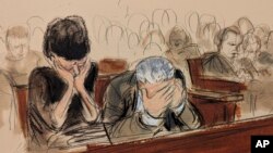 In this courtroom sketch, Sam Bankman Fried's parents Barbara Fried and Joseph Bankman react to the jury verdict in Manhattan federal court, Nov. 2, 2023, in New York.