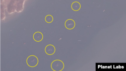 7일 북한 석도 인근 해상을 촬영한 ‘플래닛 랩스(Planet Labs)’의 위성사진에 나란히 선체를 밀착한 선박 무리 7개가 포착됐다. 사진 = Planet Labs.