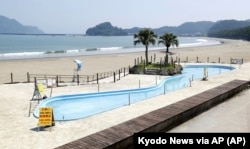 A beach is deserted after swimming was prohibited as the megaquake advisory was issued in Nichinan, Miyazaki prefecture, southern Japan, on Aug. 9, 2024. (Kyodo News via AP)