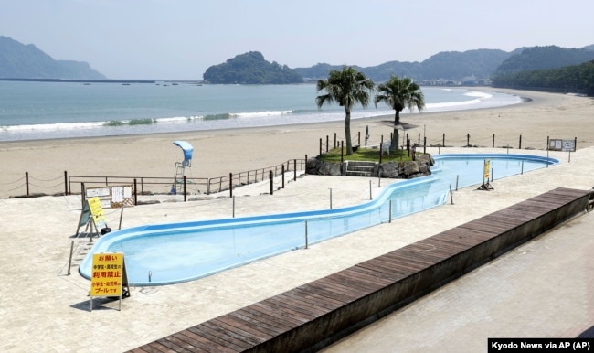 A beach is deserted after swimming was prohibited as the megaquake advisory was issued in Nichinan, Miyazaki prefecture, southern Japan, on Aug. 9, 2024. (Kyodo News via AP)