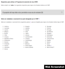 Países con exención de visas, de acuerdo con el gobierno de EEUU.