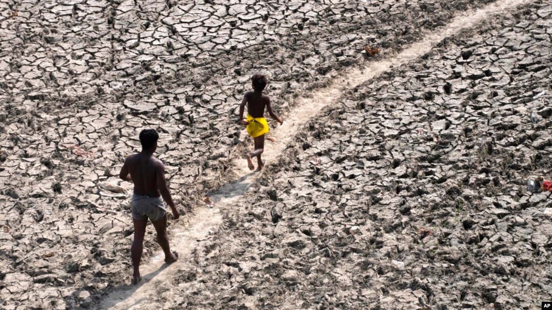 Người đàn ông và một cậu bé đi bộ trên lòng sông Yamuna khô cạn ở New Delhi, Ấn Độ. N.ăm 2023 được ghi nhận là năm nóng nhất hành tinh và có thể là năm ấm nhất trong 100.000 năm qua