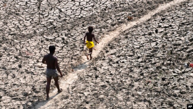 Người đàn ông và một cậu bé đi bộ trên lòng sông Yamuna khô cạn ở New Delhi, Ấn Độ. N.ăm 2023 được ghi nhận là năm nóng nhất hành tinh và có thể là năm ấm nhất trong 100.000 năm qua