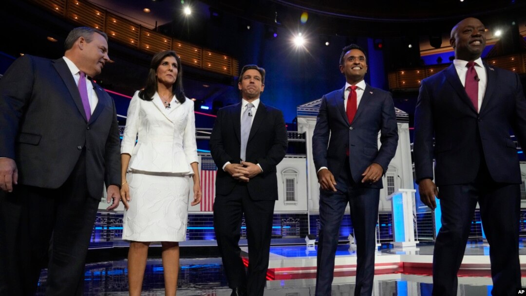 Republican presidential candidates from left, former New Jersey Gov. Chris Christie, former UN Ambassador Nikki Haley, Florida Gov. Ron DeSantis, businessman Vivek Ramaswamy and Sen. Tim Scott, R-SC, before a presidential primary debate hosted by NBC News, Nov. 8, 2023, in Miami.