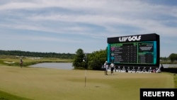 FILE - A view of the eighteenth green during the second round of LIV Golf Washington, D.C. golf tournament at Trump National, May 27, 2023; Potomac Falls, Virginia, USA. (Geoff Burke-USA TODAY Sports via Reuters)