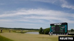 FILE - A view of the eighteenth green during the second round of LIV Golf Washington, D.C. golf tournament at Trump National, May 27, 2023; Potomac Falls, Virginia, USA. (Geoff Burke-USA TODAY Sports via Reuters)