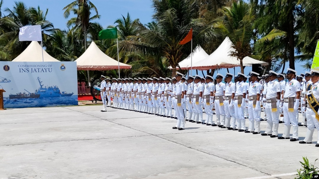 Indian Navy soldiers stand during the commissioning of its naval base INS Jatayu on Minicoy, the southernmost island in the Lakshadweep archipelago, India, March 6, 2024. 