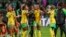 Jamaican players celebrate at the end of the Women's World Cup Group F soccer match between Panama and Jamaica in Perth, Australia, July 29, 2023. Jamaica won 1-0.