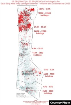 Mapping from satellite imagery showing the impact of Israel’s offensive in Gaza since the October 7 attack by Hamas on the Middle Eastern nation by Decentralized Damage Mapping Group.