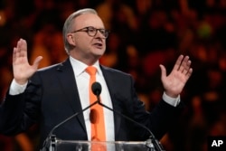 Australian Prime Minister Anthony Albanese gestures during a community event in Sydney on May 23, 2023.