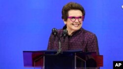 FILE - Tennis legend Billie Jean King speaks during the opening ceremony of the of the U.S. Open tennis championships, in New York, Aug. 28, 2023.