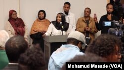 Nadia Mohammed, 26, speaks to Somali Americans after she won a historic vote as St. Louis Park's first Black, Muslim, Mayor in the U.S. midwestern state of Minnesota on Tuesday November 7, 2023.