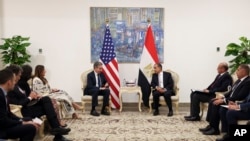 U.S. Secretary of State Antony Blinken, left, meets with Egypt's Foreign Minister Badr Abdelatty in El-Alamein, Egypt, Aug. 20, 2024. (Kevin Mohatt/Pool Photo via AP)