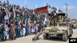 Personel keamanan Taliban menunjukkan keterampilan mereka mengendarai kendaraan militer selama parade dalam perayaan ulang tahun ketiga Taliban berkuasa di Khost, 14 Agustus 2024. (AFP)