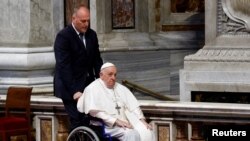 Pope Francis leaves after the Mass for World day for Grandparents and the Elderly in St. Peter's Basilica, at the Vatican, July 23, 2023.