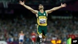 FILE - South Africa's Oscar Pistorius wins gold in the men's 400-meter T44 final at the 2012 Paralympics in London on Sept. 8, 2012.