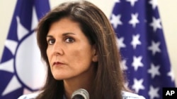 Nikki Haley, former United States ambassador to the United Nations, listens to the media questions during her news conference before leaving Taipei, Taiwan, Aug.24, 2024.