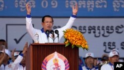 FILE - Cambodia Prime Minister Hun Sen delivers a speech during his party election campaign in Phnom Penh, July 1, 2023.