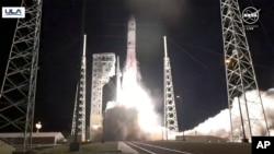 In this image made from NASA video, United Launch Alliance’s Vulcan rocket with Astrobotic Technology's lander onboard is launched from Cape Canaveral Space Force Station in Florida, Monday, Jan 8, 2024. (NASA via AP)