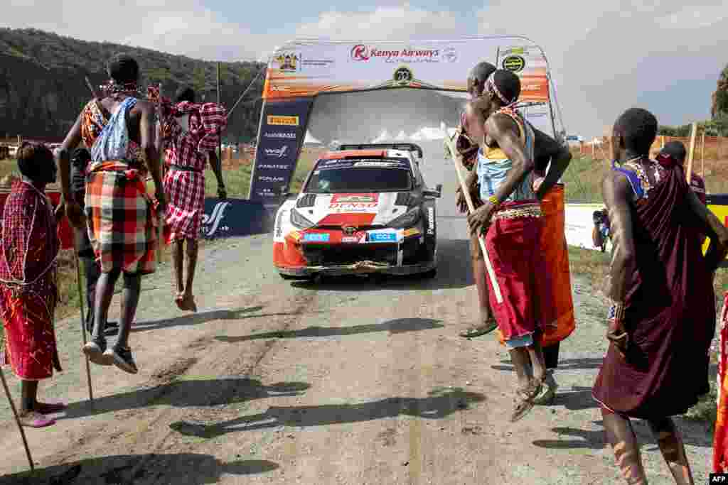 French rally team of driver Sebastian Ogier and his co-driver Vincent Landais arrive&nbsp;in their Toyota Gr Yaris Rally1 Hybrid to pomp at the finish line to win the WRC Safari Rally Kenya, part of the FIA World Rally Championship at the lake-side town of Naivasha.