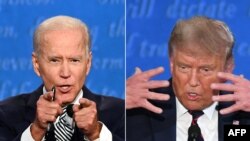 FILE —This combination of pictures created on September 29, 2020 shows Democratic Presidential candidate and former US Vice President Joe Biden (L) and US President Donald Trump speaking during the first presidential debateon September 29, 2020.