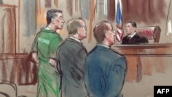FILE - This May 31, 2001 photograph of an artist's drawing shows convicted U.S. spy Robert Hanssen inside the U.S. District Courthouse in Alexandria, Virginia, during Hanssen's arraignment on spying charges. 