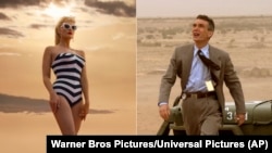 This combination of images shows undated photos of Margot Robbie, left, in a scene from "Barbie," and Cillian Murphy in a scene from "Oppenheimer." Both films were blockbusters in 2023. (Warner Bros Pictures/Universal Pictures via AP)