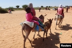 Children cross the border on their donkeys from Sudan to Chad, Nov. 7, 2023.