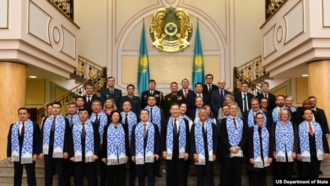 American and Kazakh delegations pose following the annual Enhanced Strategic Partnership Dialogue, Astana, Kazakhstan, Nov. 6, 2023.