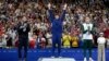 From left, Italy's Gregorio Paltrinieri, the United States' Bobby Finke and Ireland's Daniel Wiffen stand on the winner's podium for the men's 1500-meter freestyle final at the Summer Olympics in Nanterre, France, Aug. 4, 2024.