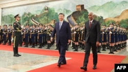 Presiden Maladewa Mohamed Muizzu (kanan) dan Presiden China Xi Jinping dalam upacara penyambutan tamu negara di Balai Besar Rakyat China di Beijing, 10 Januari 2024. (CNS / AFP)