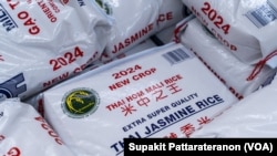 Thai Jasmine Rice products are seen on the shelf at a grocery store in California.