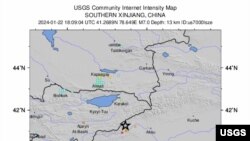 แผนที่ของบริเวรณชายแดนจีน-คีร์กิซสถาน ที่เกิดเหตุแผ่นดินไหวความแรง 7.0 