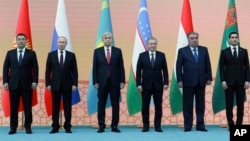 FILE - From left, the Kyrgyz, Russian, Kazak, Uzbek, Tajik and Turkmen presidents are pictured before the Russia-Central Asia Summit in Astana, Kazakhstan, Oct. 14, 2022. (Kazakhstan's President Press Office via AP)