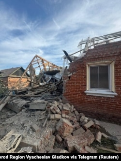 A view shows a destroyed house following what local authorities called a Ukrainian military strike in the Belgorod region of Russia in this handout picture released Aug. 31, 2024. (Governor of Belgorod Region Vyacheslav Gladkov via Telegram)