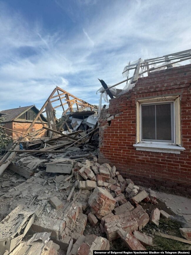 A view shows a destroyed house following what local authorities called a Ukrainian military strike in the Belgorod region of Russia in this handout picture released Aug. 31, 2024. (Governor of Belgorod Region Vyacheslav Gladkov via Telegram)