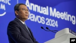 Premier of China Li Qiang addresses attendees of the Annual Meeting of World Economic Forum in Davos, Switzerland, Jan. 16, 2024.