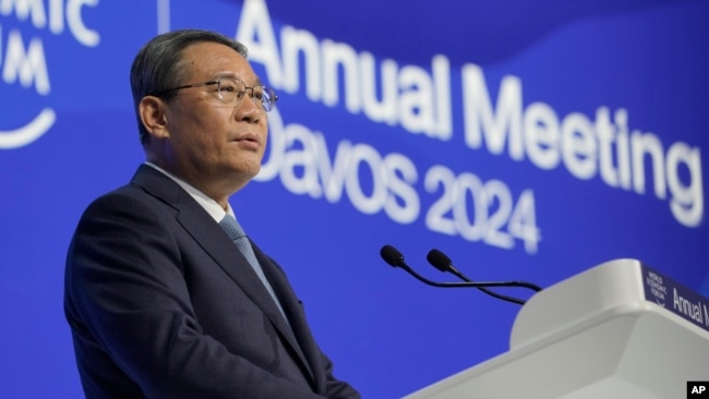 Premier of China Li Qiang addresses attendees of the Annual Meeting of World Economic Forum in Davos, Switzerland, Jan. 16, 2024.