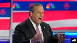 FILE - Former New Jersey Gov. Chris Christie speaks during a Republican presidential primary debate hosted by NBC News, Nov. 8, 2023, in Miami. Christie ended his bid for the party's nomination Jan. 10, 2024. 