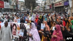 FILE - Relatives of missing Baloch community people take part in a demonstration demanding greater civil rights for citizens, in Quetta, Pakistan, on Aug. 18, 2024.